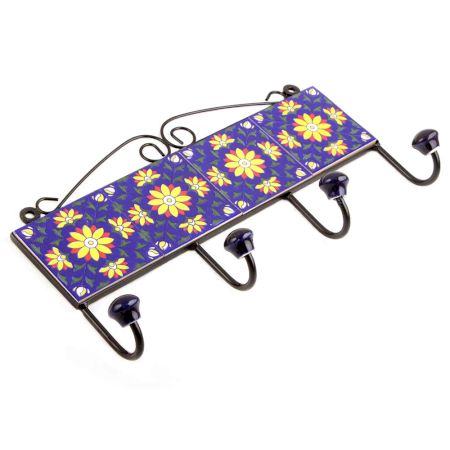 Navy Blue Yellow Flower Tiles Hooks 